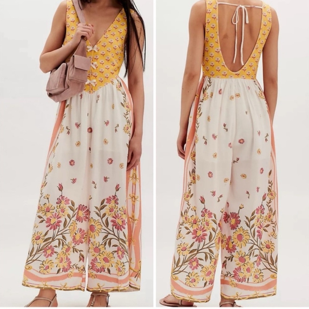 Free People Bailey Honey Dew Yellow and White Floral Jumpsuit Small